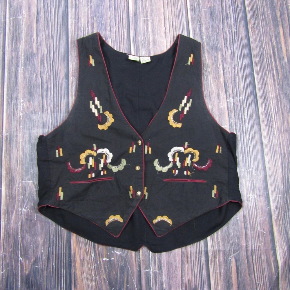 Sudden Impact Womens Medium Black Embroidered Button Front Vest Geometric